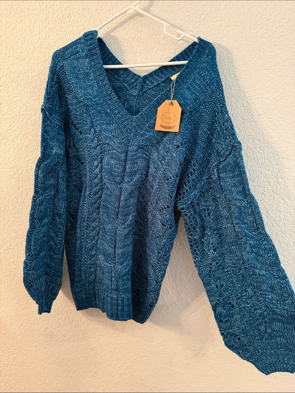 Kori Teal Blue Cable-Knit V-Neck Sweater